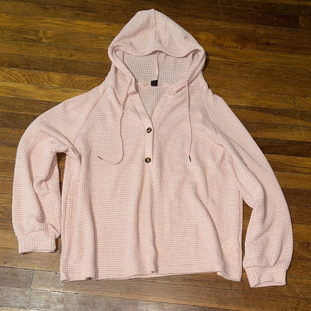 Women’s Boxy Fit Light Pink Waffle Knit Hoodie, Large